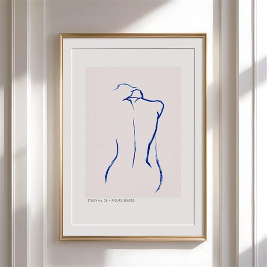 Blue Line Art Woman Print, Minimalist Seated Figure Poster - Etsy