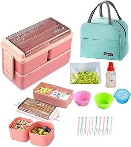 JENAGREN Bento Box Lunch Container, Stackable 2 Layers Meal Prep Salad Adult Lunch Box, Leak-Proof Sandwich Containers with Cutlery Sauce Jars for Adults Men Women Kids,PINK