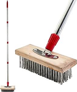 PIMEKOY 60" Deck Wire Brush Long Handle, Stainless Steel Floor Scrubber Brushes Outdoor Broom for Cleaning Moss, Tough Stains on Concrete, Grout, Garden, Garage, Patio, Swimming Pool