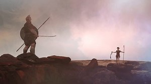 David and Goliath of the biblical story of the confrontation between the giant and the shepherd David 3d render
