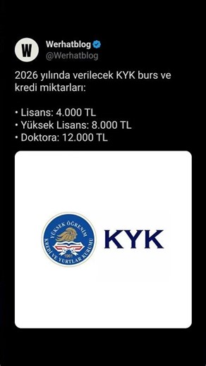 2026 yılında verilecek KYK burs ve kredi miktarları:— Lisans: 4.000 TL— Yüksek Lisans: 8.000 TL— Dok