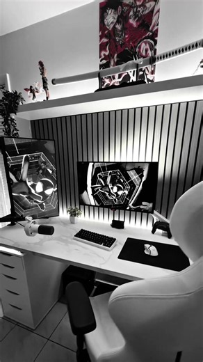 Best black and white gaming setup!! #gamingsetup #desksetup #dualmonitor #ikeadesk #techtok