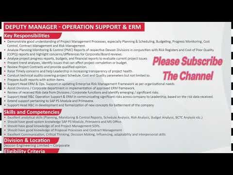 Deputy Manager Operation Support & ERM Job 2026 | Descon Engineering Limited Hiring | Full Details