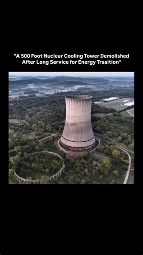 Knowledge | Curiosity | Discovery on Instagram: "This footage documents the controlled demolition of a massive 500-foot reinforced concrete nuclear cooling tower, utilizing a sequence of strategic explosive charges at the structural base to induce a precise vertical implosion. The visual narrative captures the catastrophic failure of the support columns from multiple angles, including aerial and ground perspectives, resulting in the rapid, gravity-driven collapse of the hyperboloid structure int
