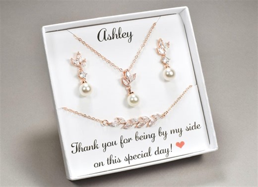 Personalized Bridesmaid Gift Pearl Earrings Set, Bridesmaid Pearl Jewelry Set, Bridesmaid Pearl Necklace, Cubic Zirconia Leaf Bracelet - Etsy