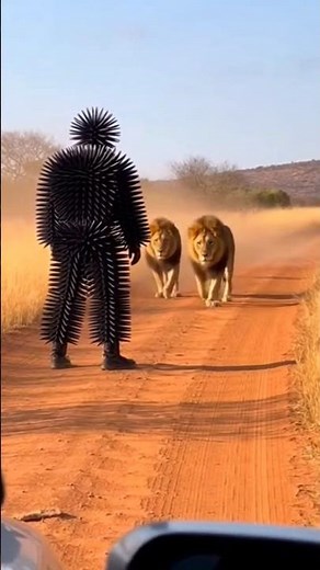 Two Male Lions Charge Black Spiked Suit Man on Savanna Path