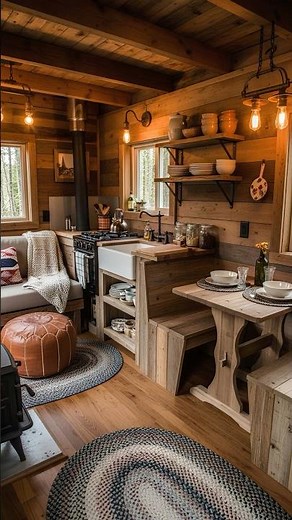 Tiny Cabin Interior Ideas | Farmhouse Sink, Wood Stove & Rustic Wood Design #cozyhome