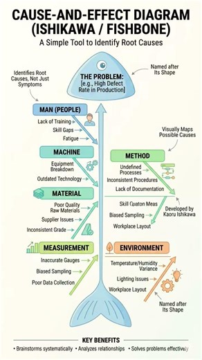 1️⃣ Cause-and-Effect Diagram (Fishbone / Ishikawa)A simple yet powerful tool