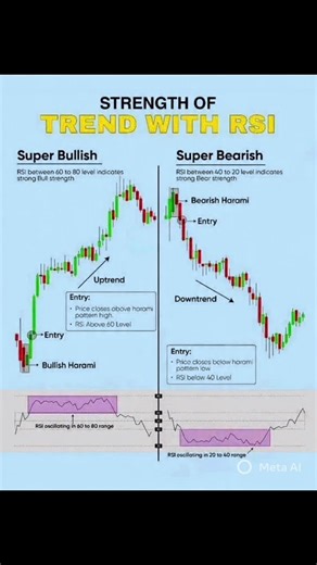 RSI & Trend Analysis: Your Guide to Super Bullish & Bearish Signals "Dive deep into market analysis with this clear guide on using the Relative Strength Index (RSI) to determine trend strength! 📈 Super Bullish: When RSI is between 60-80, combined with patterns like a Bullish Harami, it indicates strong upward momentum. 📉 Super Bearish: An RSI oscillating between 20-40, especially with a Bearish Harami, signals a powerful downtrend. Understanding these signals can help traders identify potentia