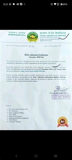 PhD Admission Notification in a central university/CUJ #phd #phdadmissionnotification #phd_entrance