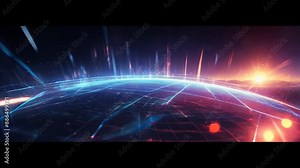 Futuristic digital grid with glowing neon lines extends to a vibrant horizon, showcasing a sci fi atmosphere with dynamic motion and high tech visual effects.