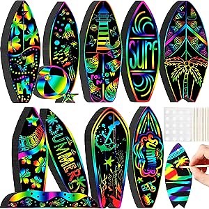 Motionchic 80 Pieces Summer Surfboard Scratch Cards Rainbow Surfing Themed Paper Crafts for Kids Tree Ornament with Wooden Stick and Ribbon for Birthday Party Supplies