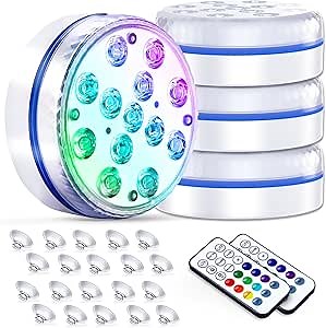 Submersible Led Pool Lights for Above Ground Pools IP68 Waterproof Inground Pond Light Underwater with 4 Magnets, 4 Suction Cups and 16 RGB Dynamic Color (4pack)