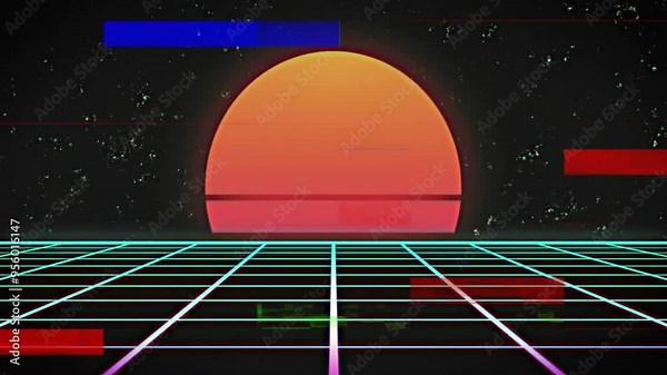 Retro sunset with grid and glitch effects animation over starry background