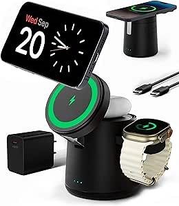 3 in 1 Wireless Charging Station for iPhone 16 Pro Max/15/14, Apple Watch Ultra/10/9/8/SE, AirPods Pro/3/2 – 15W Fast MagSafe Charger Dock with USB-C & Adapter.