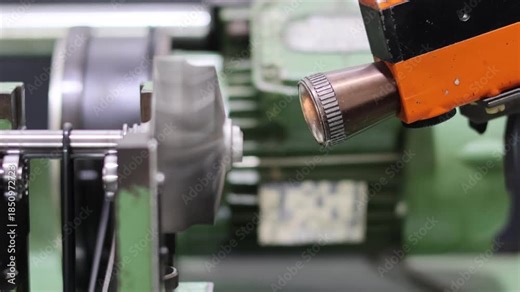 Turbocharger balancing machine in operation. Dynamic balancing of metal turbine wheel and impeller shaft on industrial precision equipment. Professional turbo repair service.