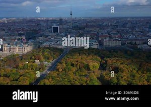 Aerial view showingBerlin cityscape from Tiergarten park to Reichstag, Brandenburg Gate and Tv Tower. panorama overview drone