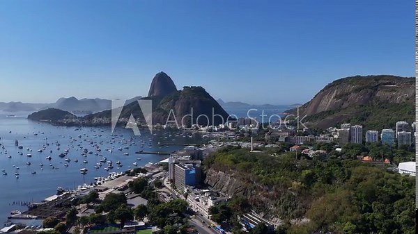 Aerial drone view Rio de Janeiro Brazil South American City Christ the Redeemer statue atop Mount Corcovado and for Sugarloaf Mountain Copacabana