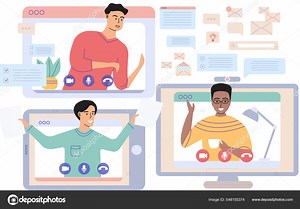 Virtual meeting, online teamwork. Computer with group of colleagues taking part in video conference