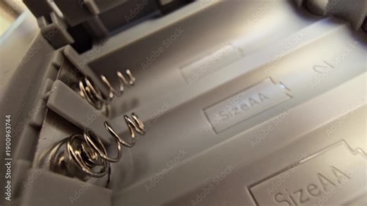 Close-up of an empty double A (AA) battery compartment with polarity markings and battery type selector switch.