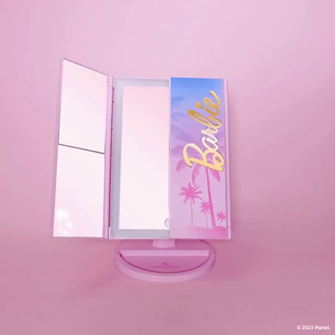 Impressions Vanity Barbie LED Trifold Makeup Mirror with Magnification, 3 Way View Portable Desk Mirrors with Dimmable Tri Tone Lighting, Tilt Adjustable Stand, and Touch Switch