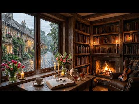 Rainy Library Jazz | Cozy Fireplace Reading Room, Soft Jazz Piano Trio & Gentle Rain