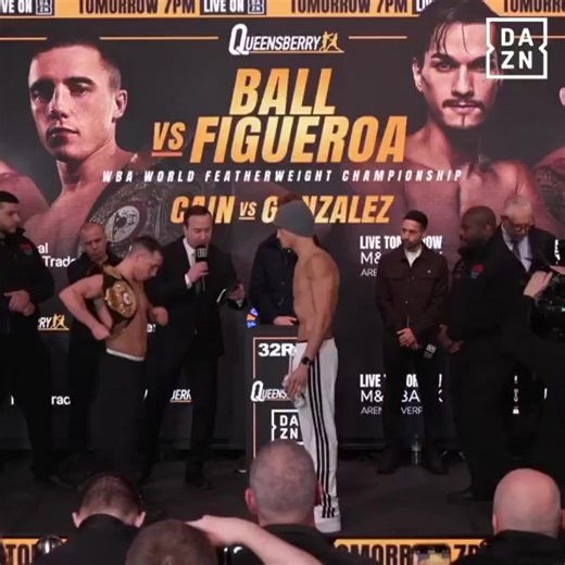Nick Ball and Brandon Figueroa get one last look at each other before their featherweight world title dust up tomorrow 🔥 #BallFigueroa Watch on DAZN: https://www.dazn.com/oneonone | Boxing News