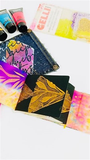 Gelli Arts® Gel Printing on Instagram: "G is for...GOLD! ✨ Elevate your prints by making the most of your gold and metallic paints on black or dark cardstock. @giogiocraft shows how to use stencils to create striking and effective patterns that pop against the dark background. Does this sound familiar? Earlier this week, Giovanna shared project inspiration for us with her “Denim” prompt—now you can combine this week’s Gold and Denim prompts for double the inspiration!🤩 🎨View the new blog and Y