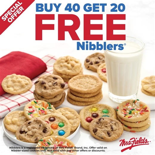You can never have too much of a good thing. 🍪 Stop by your local Mrs. Fields to enjoy Buy 40 Nibblers, Get 20 Free this weekend! Find a store near you: mrsfields.com/stores | Mrs. Fields