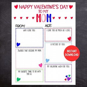 Kid's Valentine's Card for Mom, Printable Classroom Valentine's Activity