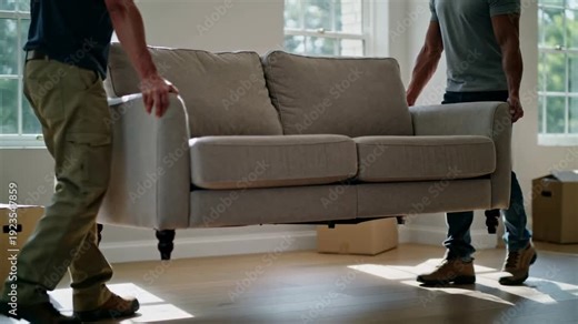 Two professional movers carrying a sofa into a new home with moving boxes, relocation and delivery service.