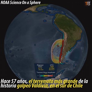 📆 Hace 57 años, el terremoto más grande de la historia se registró en Valdivia, región de Los Ríos en Chile, con un magnitud de 9.5. 📌Nuestros amigos de NOAA Science On a Sphere representaron el efecto del impacto que tuvo el tsunami en las costas del Pacífico. | T13