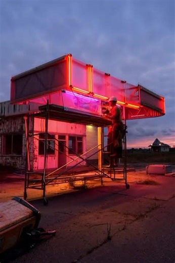 Retro Gas Station to Neon Futuristic Café Transformation
