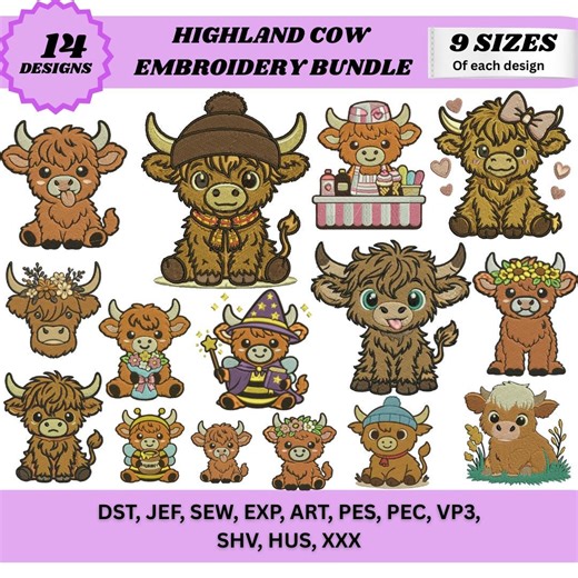 Highlander Cow Embroidery Designs Bundle, Highland Cow Embroideries Farm Animal Files Baby Cow Highlander Machine Embroidery (9 Sizes) - Etsy