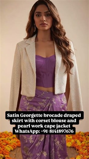 Satin Georgette Brocade Draped Skirt Set with Corset & Pearl Work Cap Jacket ✨