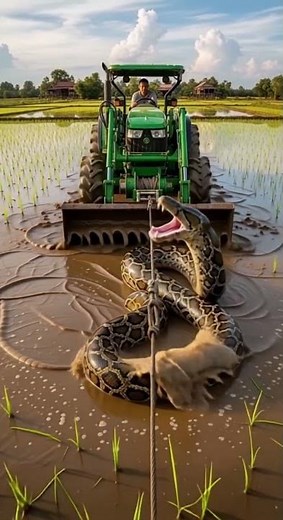 Agricultural tractor using winch system to pull giant snake from rice field.