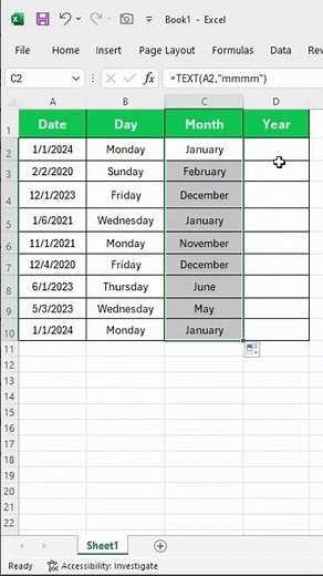 How to Extract Day, Month, and Year from Date in Excel #shorts