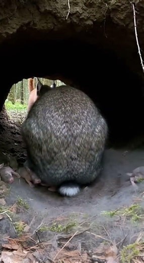 Rabbit mother blocks nest entrance from lynx