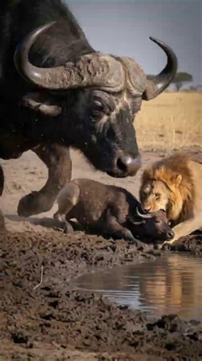 Buffalo Mother Charges Lion 🦬🦁 #africanbuffalo #lionencounter #savannawildlife #predatorprey