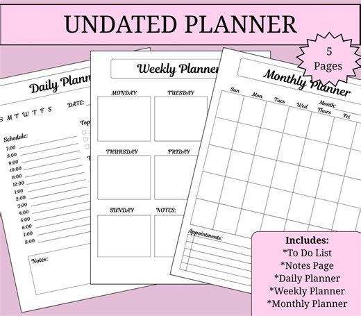 Printable Daily Weekly Monthly Planner | Simple Undated Planner Pages | to Do List & Notes Page | PDF Instant Download - Etsy
