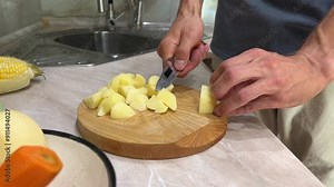 Close up of hands peeling and chopping potatoes on a wooden cutting board in a kitchen. Includes various chopping stages and kitchen settings