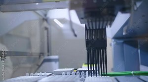 Automated pipetting system in action in a laboratory with scientist in back