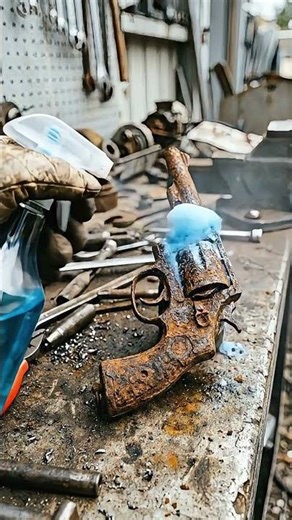 Close up of a rusted revolver tools and industrial workspace setting