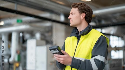 Worker adjusting valves in a district heating plant, pipes stretching overhead as steam data displays update instantly on a handheld controller — thermal energy distribution, urban heating systems, Stock Video