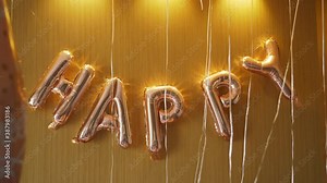 Word Happy made with golden shiny air balloon letters hanging on orange illuminated wall and ribbons in room prepared for party close view
