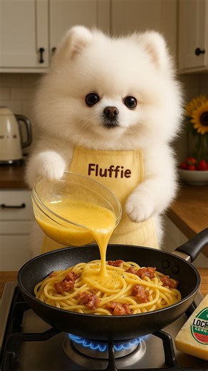 Fluffie the Pom | A puppy making carbonara for the first time!🥹 Fluffie’s cooking for someone special 💛 #Pomeranian #puppy #pomeranianpuppy #cutedog... | Instagram