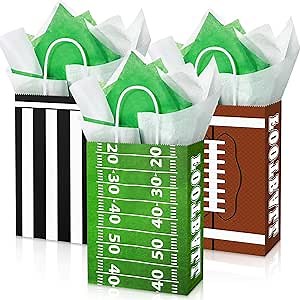Pasimy 24 Pcs Football Party Bags with Tissue Paper Sports Birthday Favors | Goodie Bags for Game Day, 3 Football Designs, Treat Holders for Sports Celebrations, Favor Bag Bulk Set for Bowl Parties