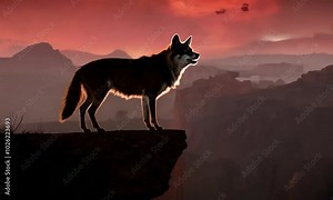 A coyote howling on the edge of a ravine. Cinematically lit with horror accents, Expressive Dialogue Velocity, Anamorphic and Specialty Lenses, this scene captivates with ultra-high detail, captured w