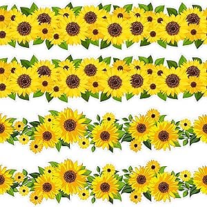 59ft Sunflower Border Fall Bulletin Board Classroom Bulletin Border Wall Decor Sign Sunflower Garland Die-Cut Classroom Decor with Green Leaves for Wedding Baby Shower Home Party