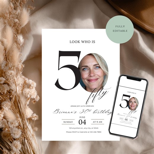 50th Birthday Invitation With Photo, Fifty Party Invite, Minimalist Canva Template, Cheers to 50 Years, Mobile Invite (digital Download) - Etsy